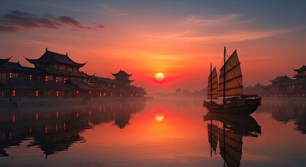 Serene Sunset Over Ancient Chinese Architecture and Sailboat.