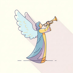 Angel playing trumpet with wings in pastel colors on simple background  