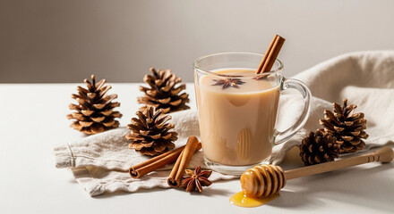 Glass mug of spiced chai with pinecones and cinnamon on bright table