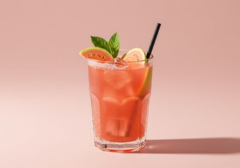 Refreshing guava cocktail with fresh fruit and ice on pink background