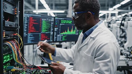 A professional man in a lab coat works efficiently at his workstation surrounded by multiple computer monitors using various digital devices to access information and work on projects exuding.