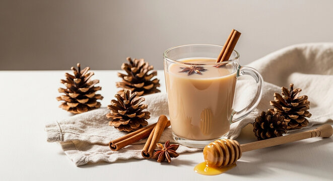 Glass mug of spiced chai with pinecones and cinnamon on bright table - Powered by Adobe