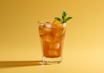 Refreshing iced tea beverage with lemon and mint on a sunny background
