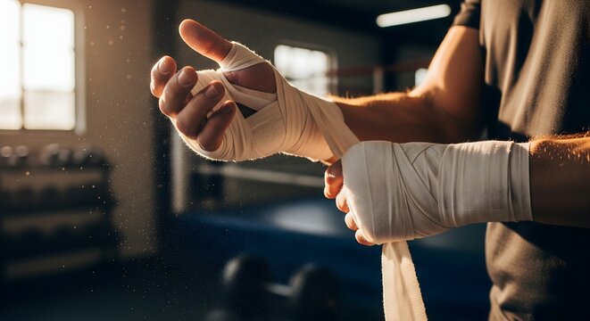 Boxer wrapping hands with bandage before fight preparation in gym.
