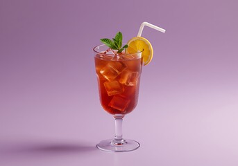 Refreshing iced tea with lemon slice and mint on a purple background