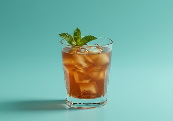 Fototapeta premium Refreshing iced tea with mint sprig against turquoise background