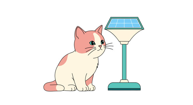 Adorable kitten curiously inspecting a solar panel light, bringing a playful and eco friendly touch to any project. Perfect for sustainable living content
