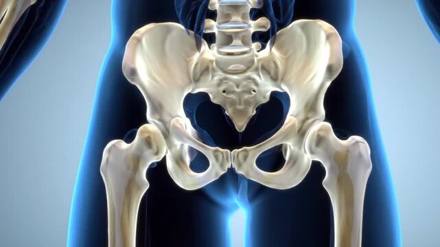 Human anatomy illustration showing the pelvic bone and upper leg bones in a blue body outline