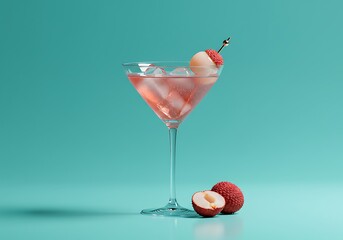 Refreshing lychee martini cocktail with ice and fruit on turquoise background