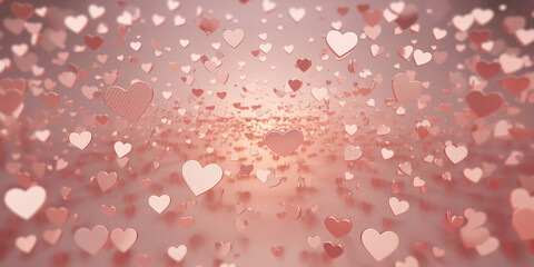 Numerous rose gold hearts floating and falling in a soft light background love romance