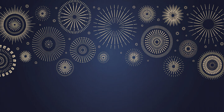 Scattered Golden Firework Burst Patterns on Deep Blue Gradient Background abstract celebration - Powered by Adobe