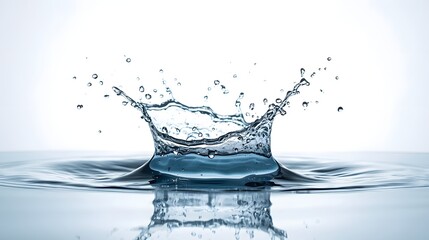 Crystal-clear high-speed capture of a single water drop striking a calm surface, forming a dramatic crown splash with suspended droplets and smooth reflective ripples in a minimal clean background