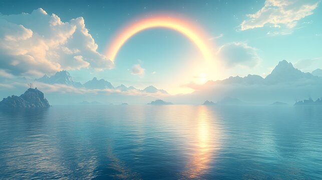 Colorful sunset over tranquil water with mountains and rainbow in the distance, creating a serene landscape at dusk