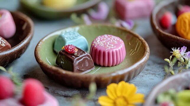 Vegan gluten free organic candy on small dishes and non Vegan