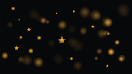 Golden stars and blurred spheres on black background for festive design