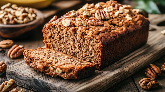 Vegan oatmeal banana bread or case with nuts on wooden kitchen table