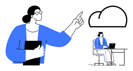 Cloud computing concept. Cloud technology illustrated with professionals utilizing digital platforms for collaboration and productivity. Cloud computing driving innovative workspace solutions. Ideal