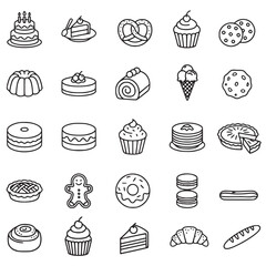 This is a black and white line art collection featuring 25 different icons of common desserts and baked goods. The set includes various cakes, cookies, pastries, bread, and ice cream, making it a vers