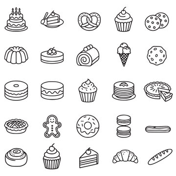 This is a black and white line art collection featuring 25 different icons of common desserts and baked goods. The set includes various cakes, cookies, pastries, bread, and ice cream, making it a vers