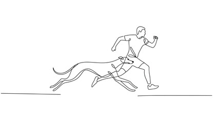 Continuous line vector of people fleeing from aggressive dogs, hand-drawn single line style — suitable for posters, cartoons, humorous content, and vector storytelling illustrations.