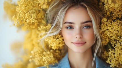 Fototapeta premium Young woman with striking blue eyes surrounded by beautiful yellow flowers in a bright setting