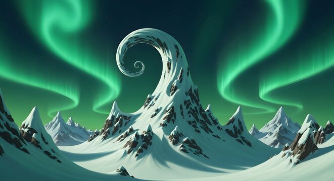 Whimsical Snowy Mountain with Curled Peak and Green Glow