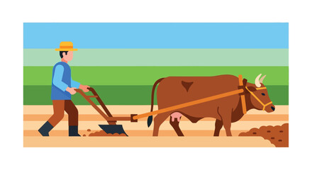 Obraz premium A farmer plowing a field with an ox in a rural landscape