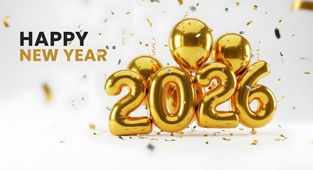 Happy new year 2026 golden balloons celebration confetti design bright backdrop festive event occasion joy greeting invitation card fun holiday concept