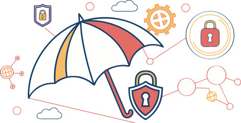 Flat vector illustration showing umbrella protecting laptop with lock and warning shield, symbolizing cybercrime risks, data breach alerts and online security for tech banners, apps and infographics.