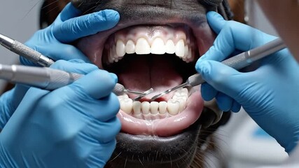 Equine Dental Examination Close Up of Teeth White Gums and Tools Veterinarian Checking Health
