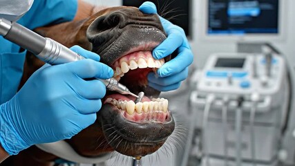 Equine Dental Procedure Close Up Showing Teeth Cleaning by Veterinarian with Blue Gloves in Clinic