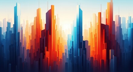 Fototapeta premium Abstract digital cityscape silhouette with vibrant orange and blue skyscraper forms against a bright sky background