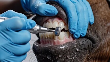 Equine Dental Procedure Close Up Showing Teeth Cleaning Process With Medical Tools Surgical Gloves
