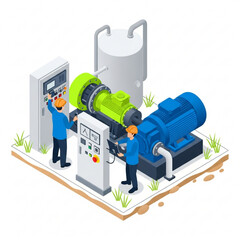 Isometric Industrial Pump Inspection – Technical Vector Artwork