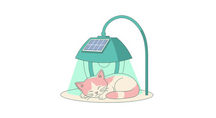 Cute cartoon cat sleeping peacefully under the soft glow of a solar lamp, perfect for children's books or eco friendly promotions