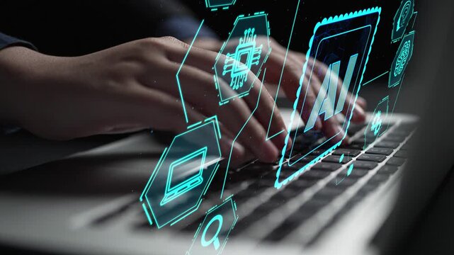 A close-up view of hands typing on a laptop keyboard with glowing digital icons representing artificial intelligence and technology concepts in a modern workspace. Cipher