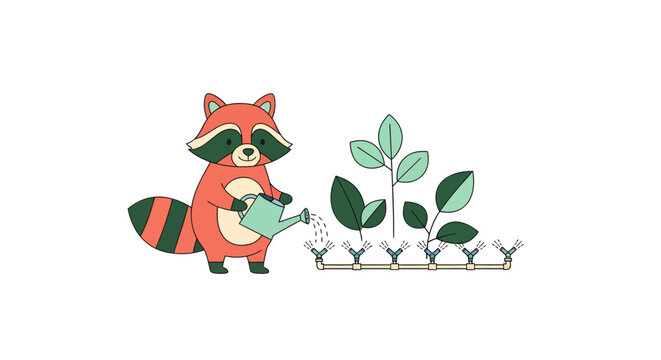 Adorable raccoon watering plants with care for a vibrant garden, promoting eco friendly living and sustainable practices in a charming illustration