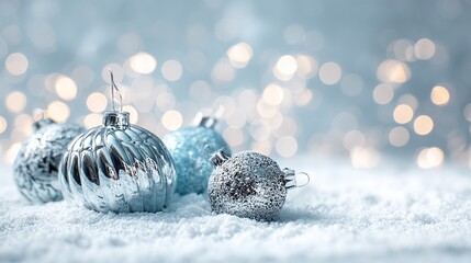 White Christmas background with silver decorations, soft snow accents, and elegant silver baubles, ribbons, and festive ornaments creating a pure, magical winter holiday scene.
