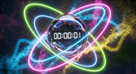 Futuristic digital timer sphere surrounded by vibrant, glowing neon rings and energetic particles, symbolizing advanced technology, precision, and the dynamic essence of time