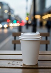 Urban morning: A serene coffee moment amidst the blurred vibrancy of city lights and activity