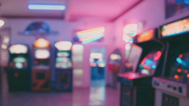 Vintage arcade with glowing neon lights and blurred pinball machines in haze. lifestyle magazines, social media lookbooks, designed for influencer and brand collaborations.