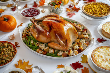 Traditional Thanksgiving dinner table with roasted turkey and festive autumn decorations