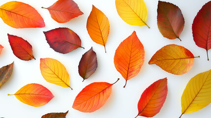 Obraz premium Vibrant autumn leaves in various shades of red, orange, and yellow on white