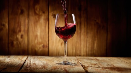 Elegant still life of red wine pouring into a glass on a rustic wooden table with warm tones. bar promotions, beverage menus, designed for product packaging and bar promotions.