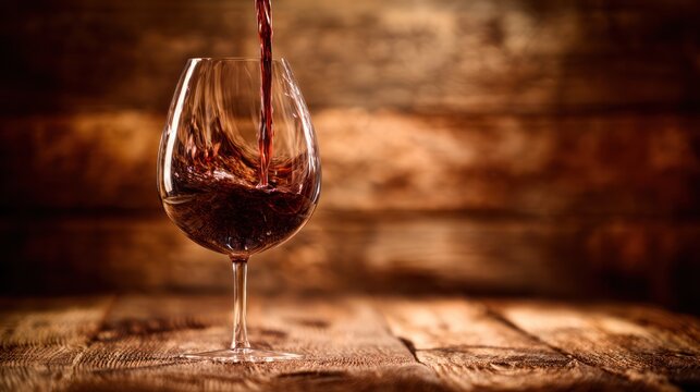 Rich red wine cascading into a glass over a rustic table, highlighted by warm ambient tones. product packaging, bar promotions, designed for drink menus and beverage branding.