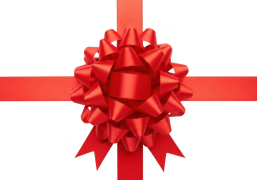A vibrant red ribbon bow tied in the center of a cross shape, isolated on transparent background