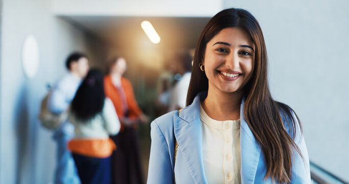 Happy woman, portrait or coordinator with team for business upskill or internship program in office. Female person, employee or project manager with smile for career development or company growth
