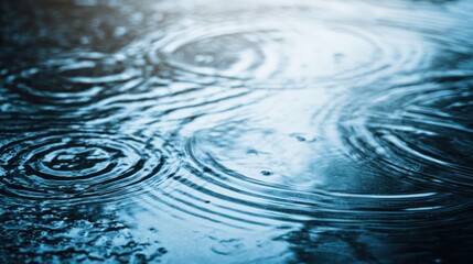 Raindrops creating circular ripples on a calm water surface, serene blue tones. ESG reports, sustainability campaigns, designed for environmental awareness campaigns.