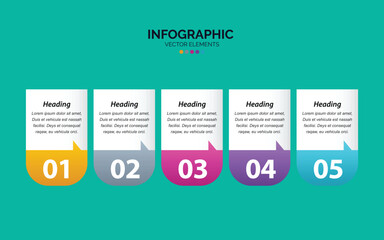 Five step infographic template with numbered steps and icons for business presentation or workflow illustration