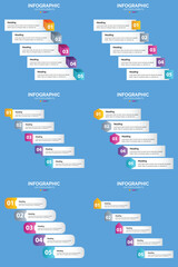 Set of six colorful infographic templates with icons charts and text placeholders for business and marketing presentations.